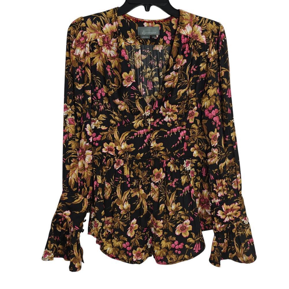 Anthropologie Deep V Floral Tunic Blouse Top Size Small Long Sleeves Romantic - Picture 2 of 14